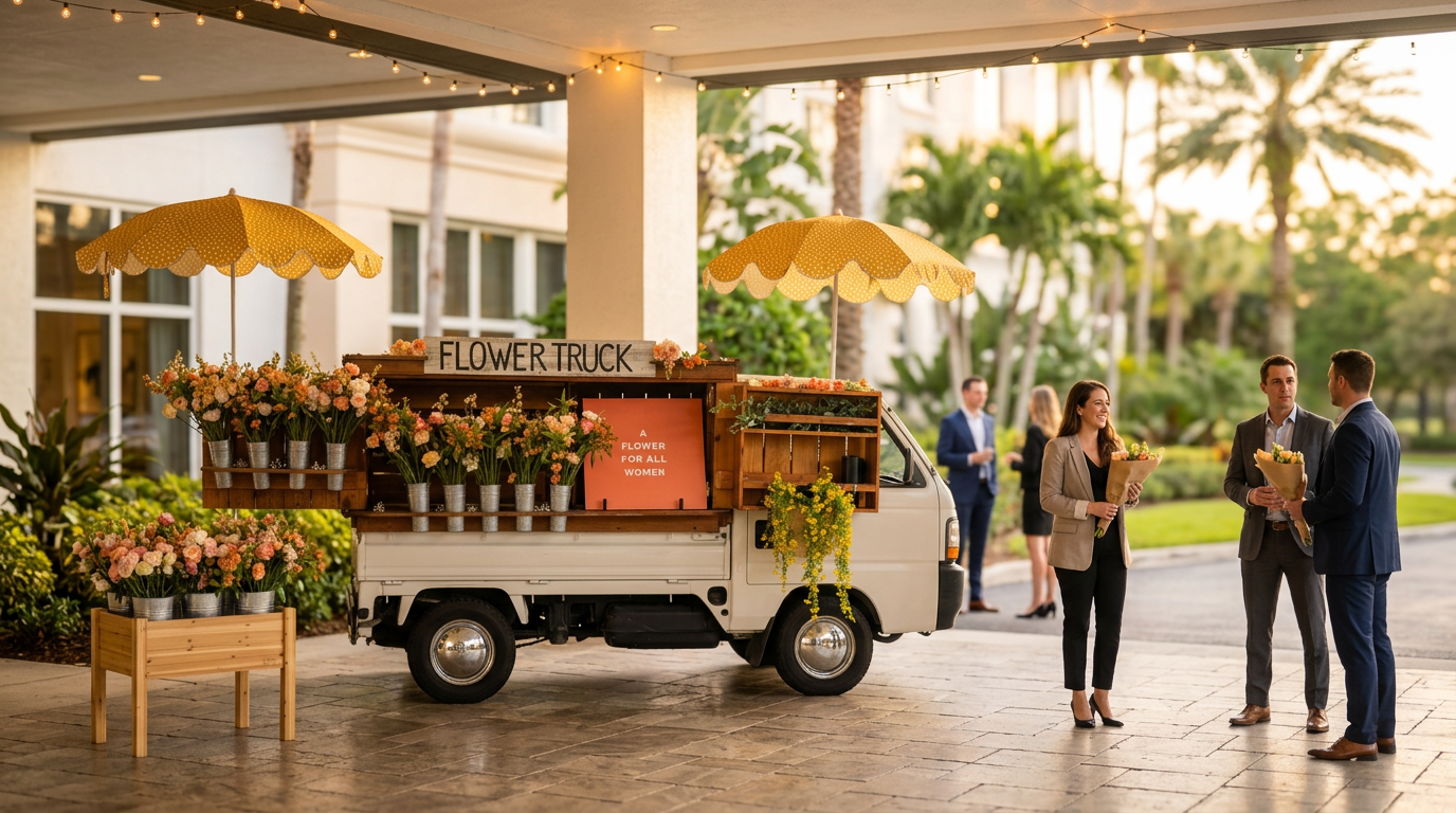 Happy diverse employees gathered around the Florida Flower Truck at a corporate event